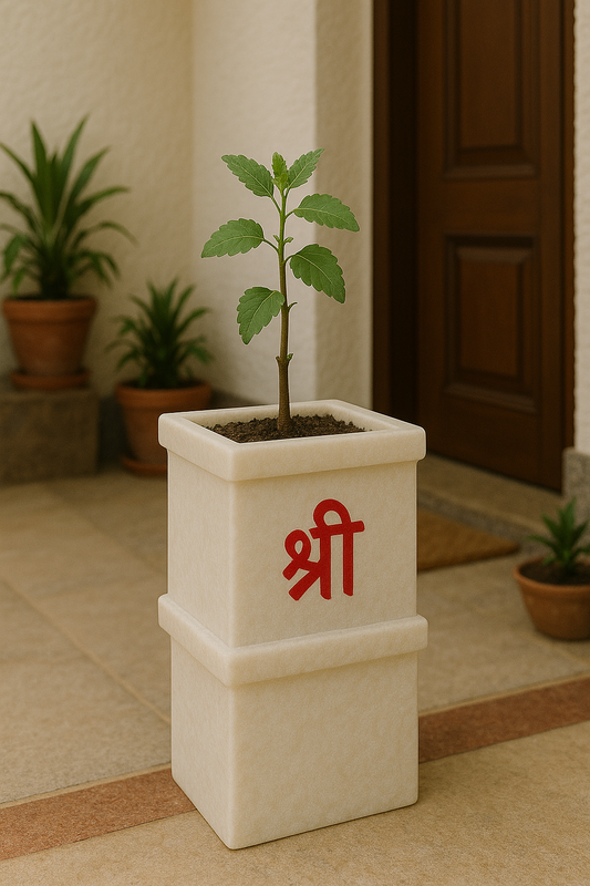Premium White Marble Tulsi Vrindavan Pot with Red “Shri” Symbol for Temple – ShilpAkriti Decor