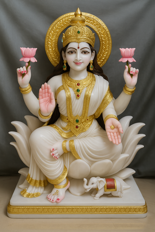 Handcrafted White Marble Lakshmi Mata Temple Idol with Lotus – ShilpAkriti Decor