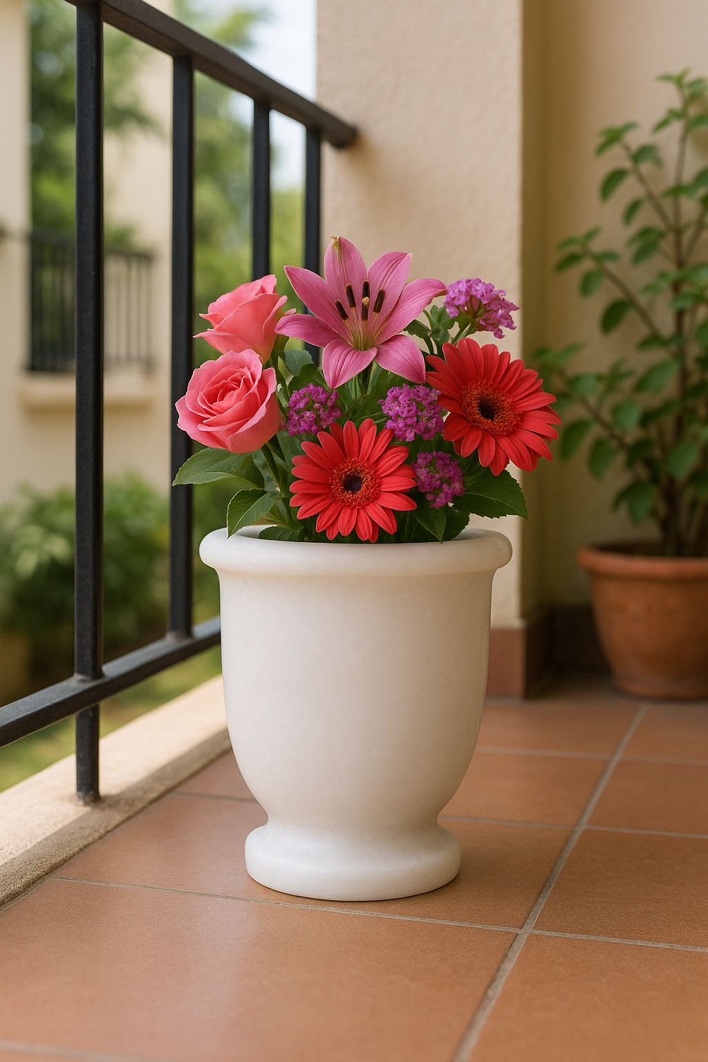Marble Flower Pot with Vibrant Flowers – Elegant Decor