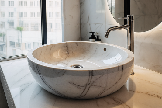 Elegant White Marble Wash Basin - 16" Diameter x 6" Depth