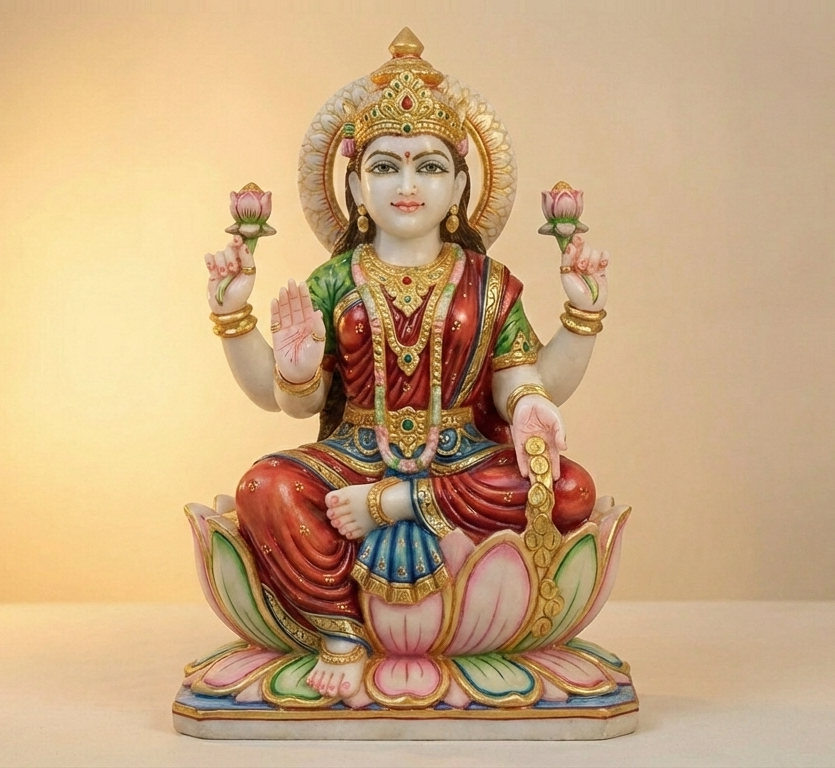 Handcrafted White Marble Lakshmi Mata Temple Idol with Lotus – ShilpAkriti Decor