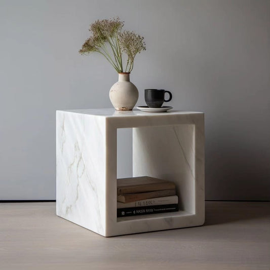 Modern White Marble Cube Table with Open Storage – Minimalist Decor