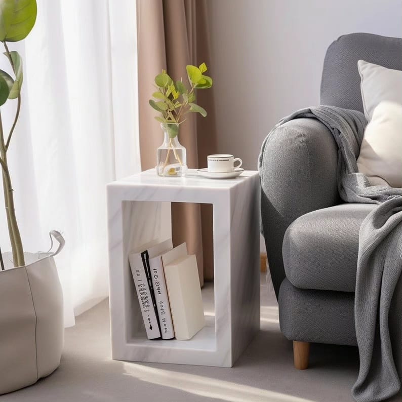 Modern White Marble Cube Table with Open Storage – Minimalist Decor