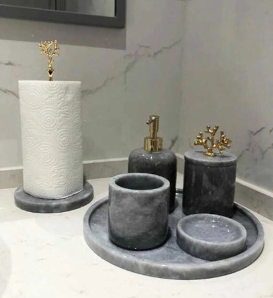 Luxury Grey Marble Bathroom Accessory Set with Gold Accents