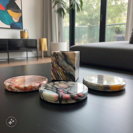 Imported Marble Coaster Set with Holder