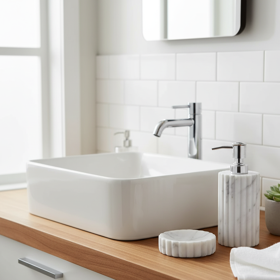 Luxury Marble Bathroom Accessory Set (3 Pc) | Soap Dispenser & Toothbrush Holder