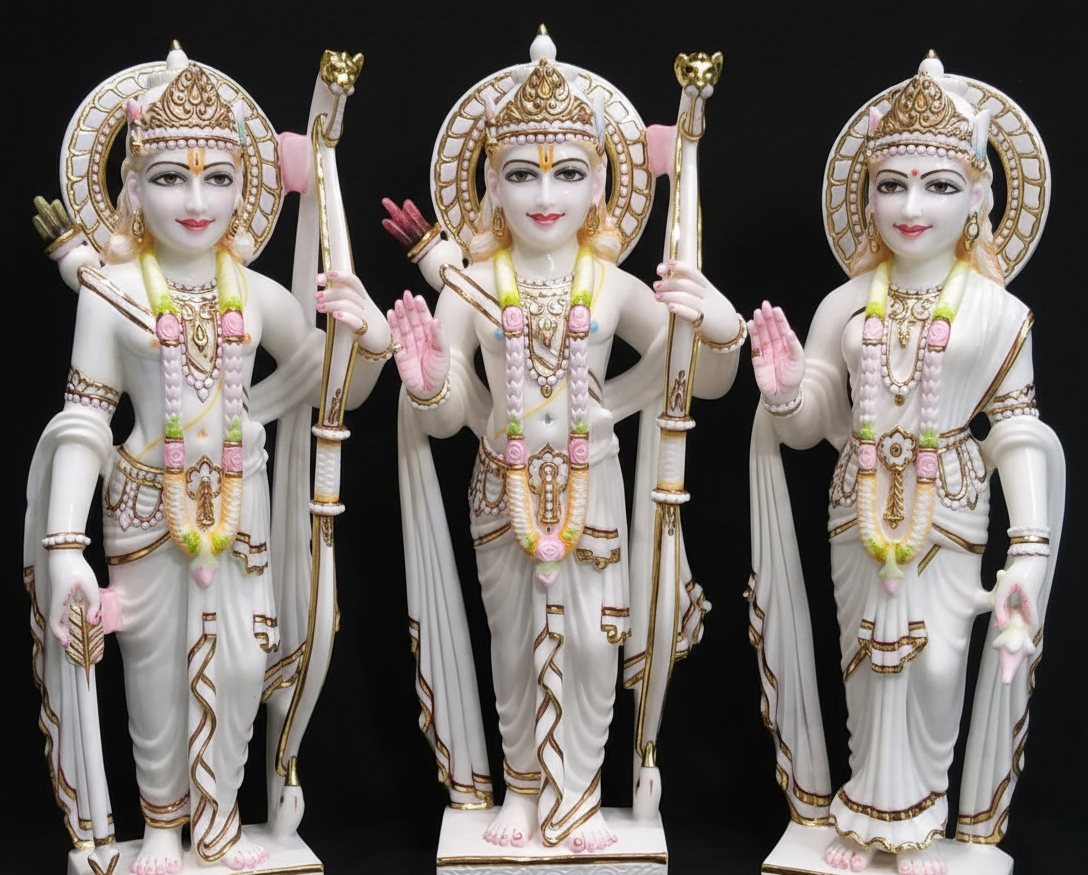 Exquisite White Marble Ram Darbar Murti Set for Home Temple (Approx. 2 Ft Height)