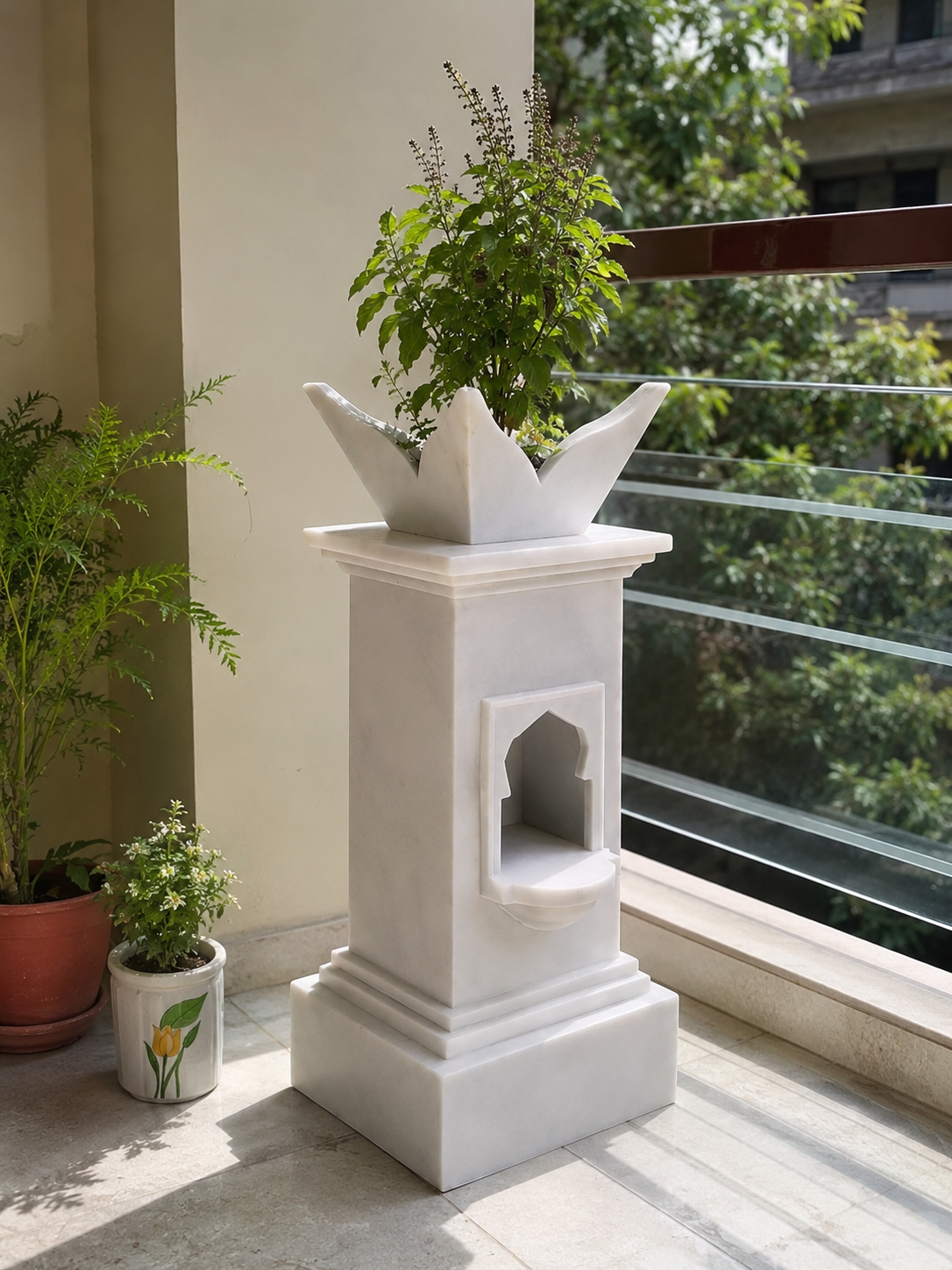 Serene Marble Tulsi Vrindavan Set with Diya Stand- ShilpAkriti Decor (Temple)