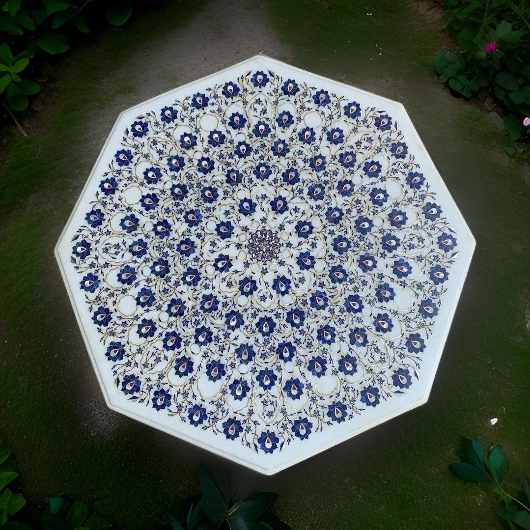 Luxurious Pure White Makrana Marble Table Top with Deep Precise Inlay and Mother of Pearl | Premium Edition