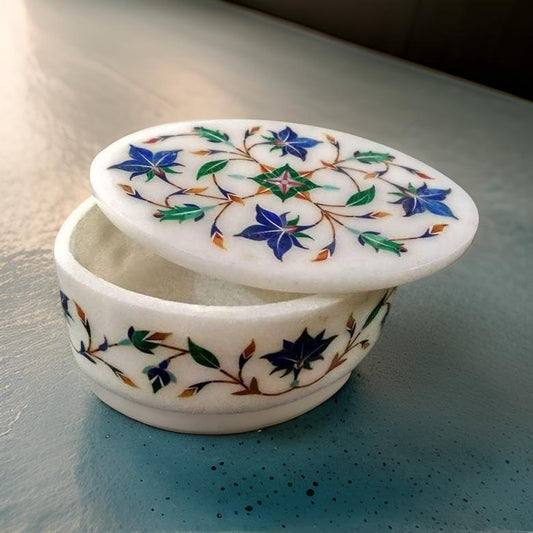 Makrana Marble Jewelry Inlay Box | Intricate Floral Design