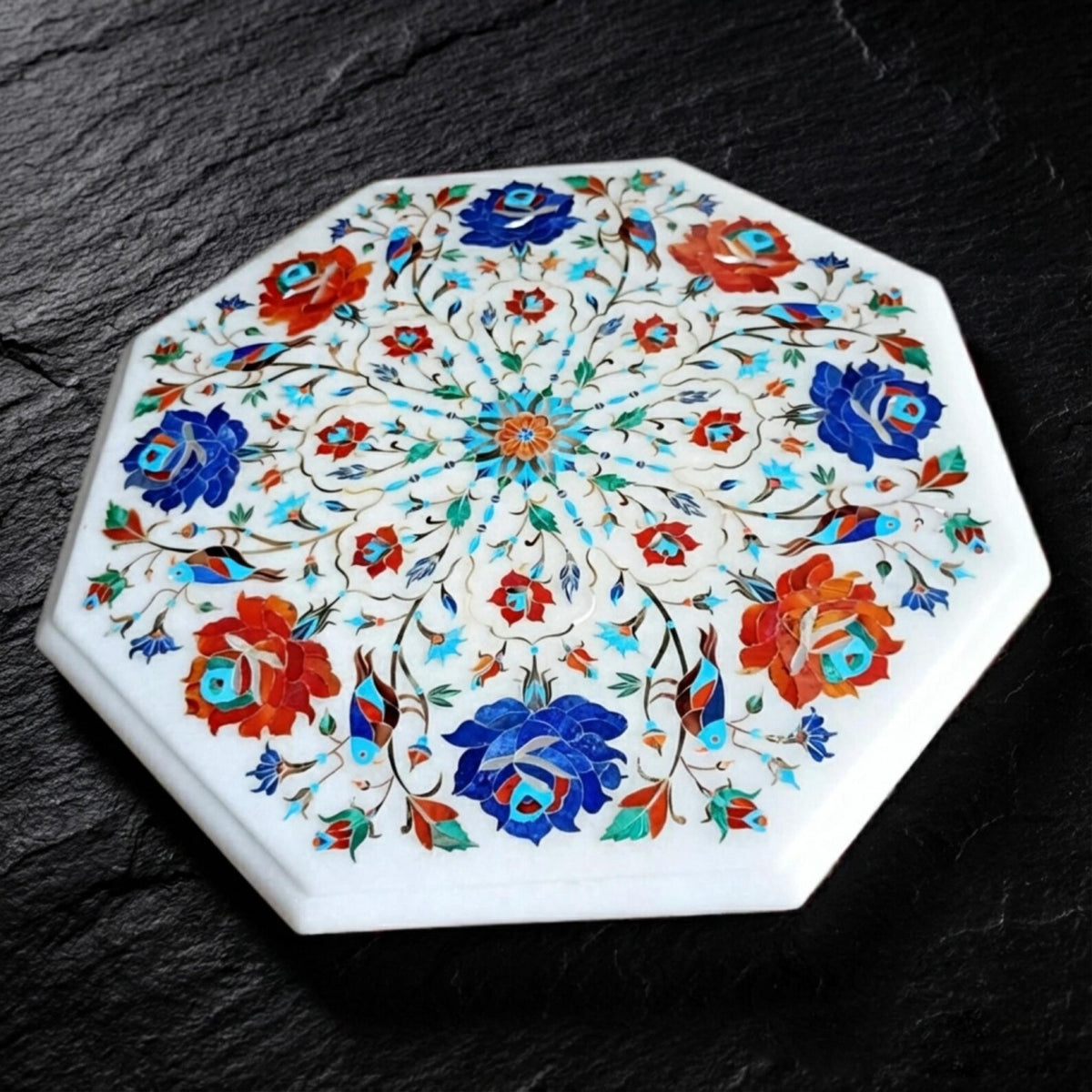 Elegant Pure Makrana Marble Table Top with Intricate Floral Inlay | Timeless Craftsmanship