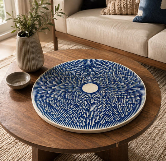 Blue White Bone Inlay Round Tray, Sunburst Pattern, Artisan Coffee Table Decor