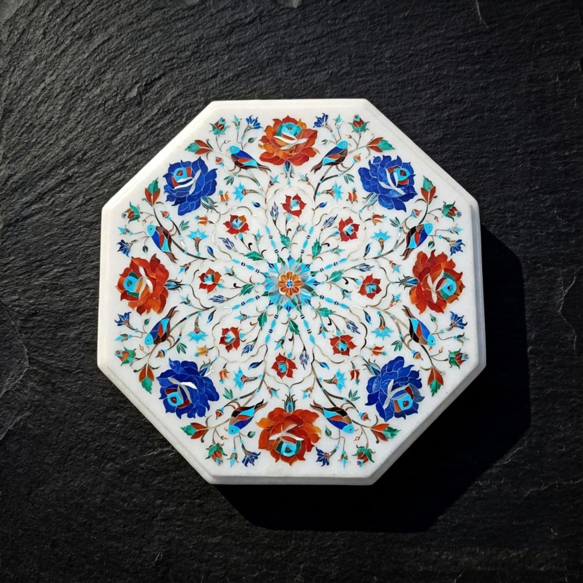Elegant Pure Makrana Marble Table Top with Intricate Floral Inlay | Timeless Craftsmanship