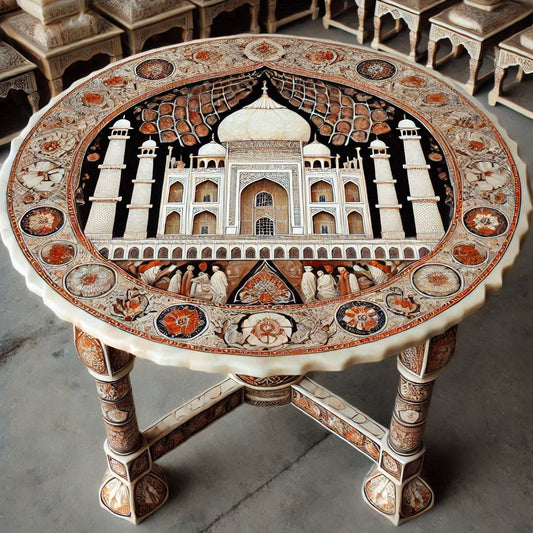Luxurious Taj Mahal-Inspired Marble Inlay Table with Steel Stand