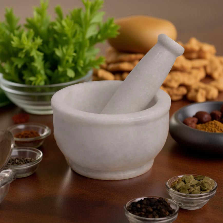 Premium White Marble Mortar & Pestle – Handcrafted Kitchen Tool for Spices