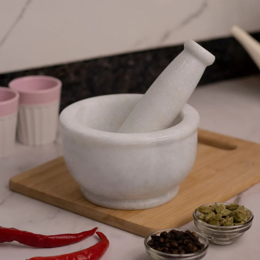 Premium White Marble Mortar & Pestle – Handcrafted Kitchen Tool for Spices