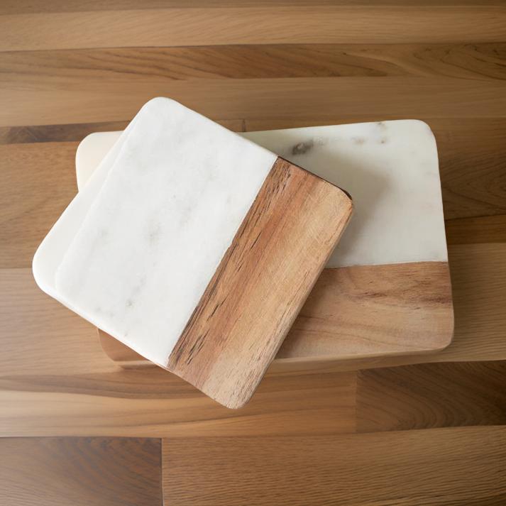 Stylish Marble and Wooden Coaster Set of 3 - Customizable | Elegant Home Decor