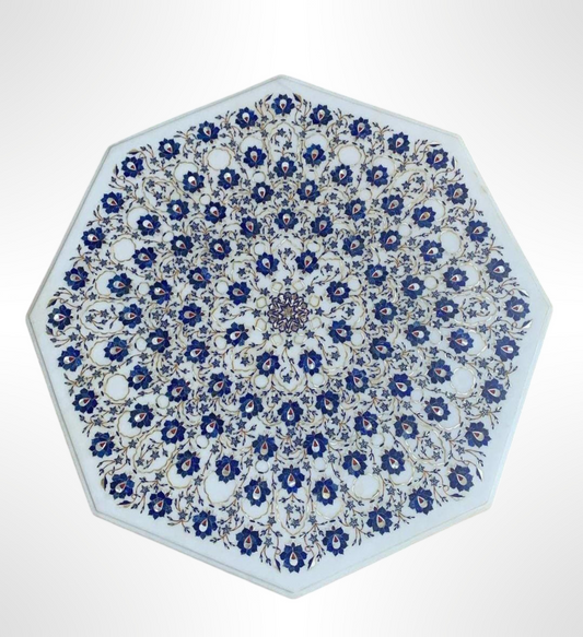 Luxurious Pure White Makrana Marble Table Top with Deep Precise Inlay and Mother of Pearl | Premium Edition