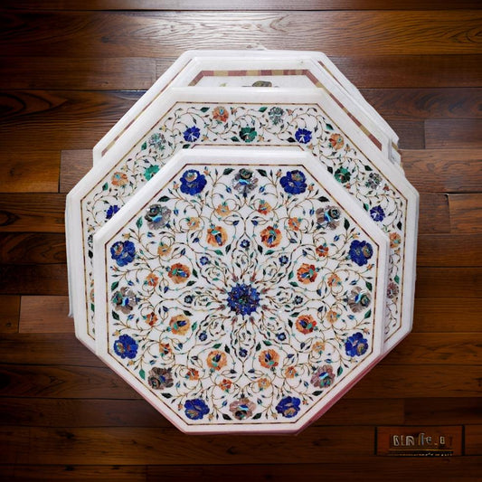 Elegant Pure Makrana Marble Table Top with Intricate Floral Inlay | Timeless Craftsmanship