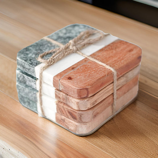 Marble and Wood Coaster Set (Set of 4)