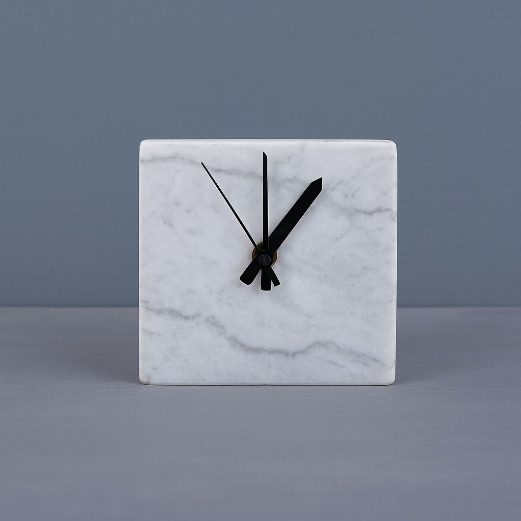 Handcrafted White Marble Desk Clock — Minimalist Square Design for Study & Office | Modern Table Decor