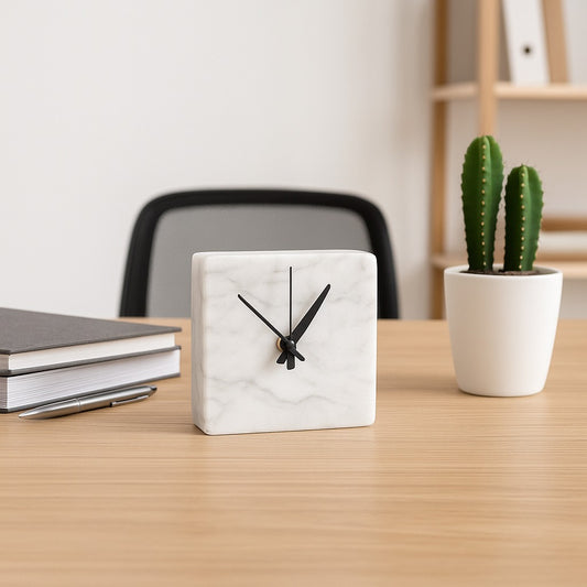 Handcrafted White Marble Desk Clock — Minimalist Square Design for Study & Office | Modern Table Decor