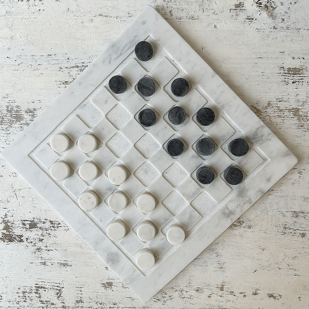 Handcrafted White Marble Checkers Board Game Set — Luxury Tabletop Decor & Classic Strategy Game