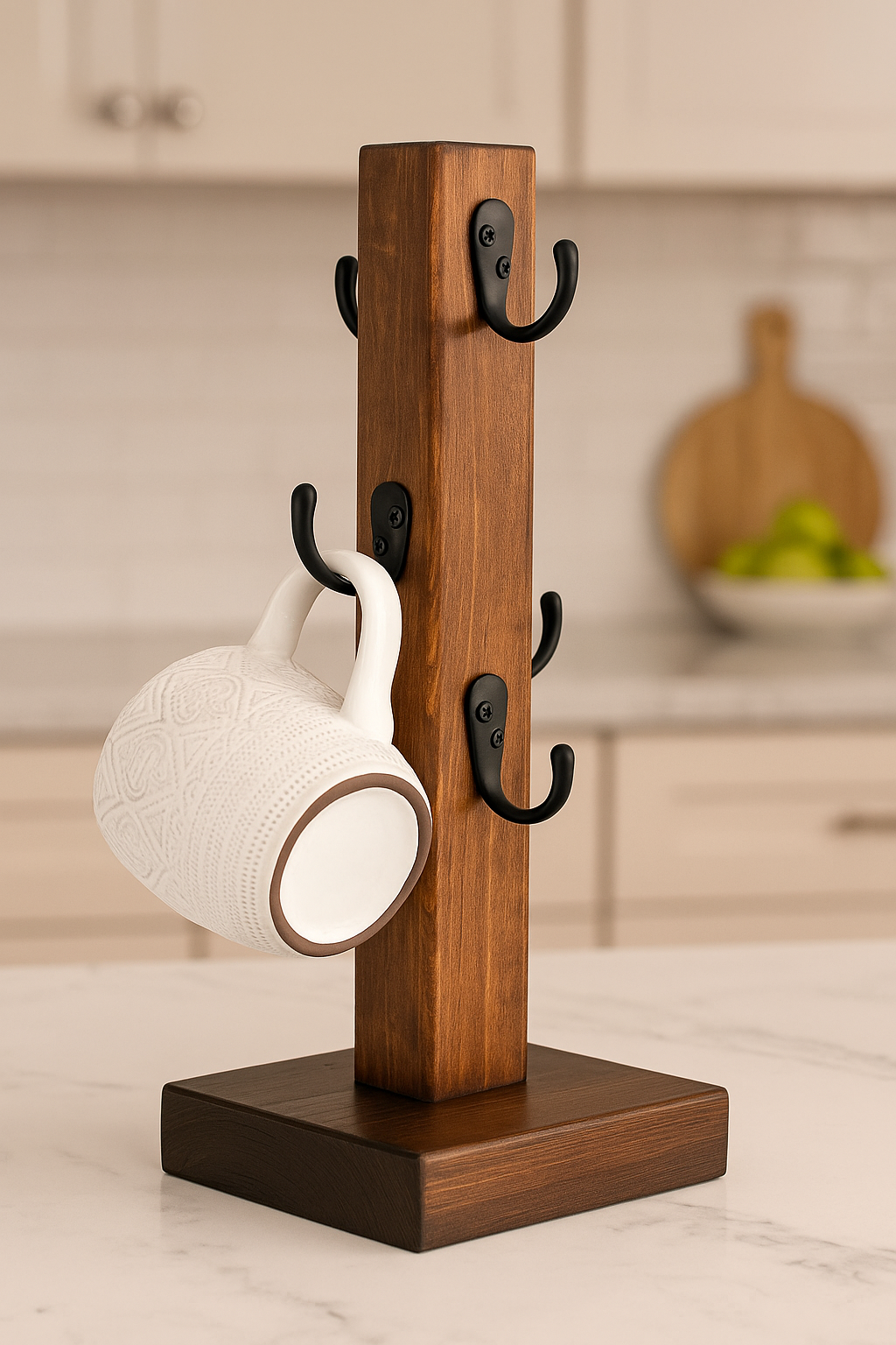 Handmade Wooden Mug Holder Stand with Metal Hooks – Rustic Kitchen Organizer | ShilpAkriti Decor