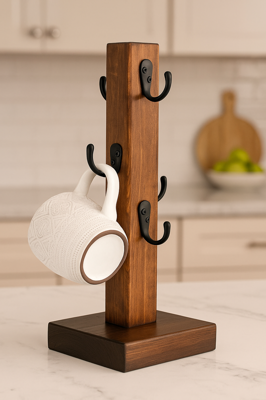 Handmade Wooden Mug Holder Stand with Metal Hooks – Rustic Kitchen Organizer | ShilpAkriti Decor