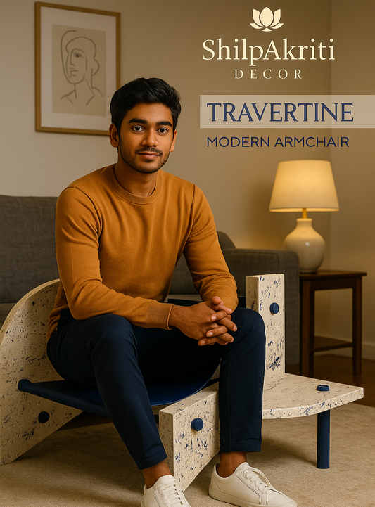 Travertine Stone Modern Armchair – Designer Lounge Chair with Sculptural Build | Handcrafted Accent Seating for Living Room & Studio