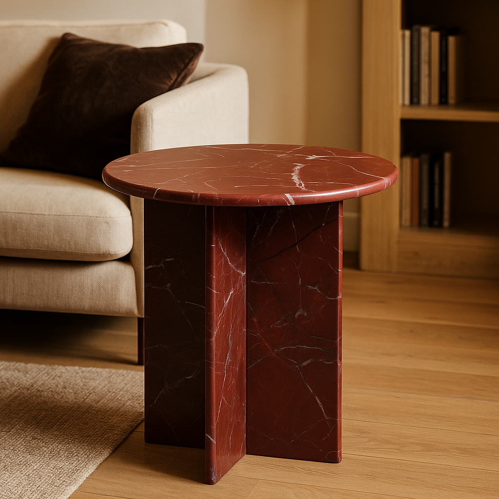 Red Marble Side Table – 22" Rosso Levanto Round Table | Luxury Handmade Accent Furniture