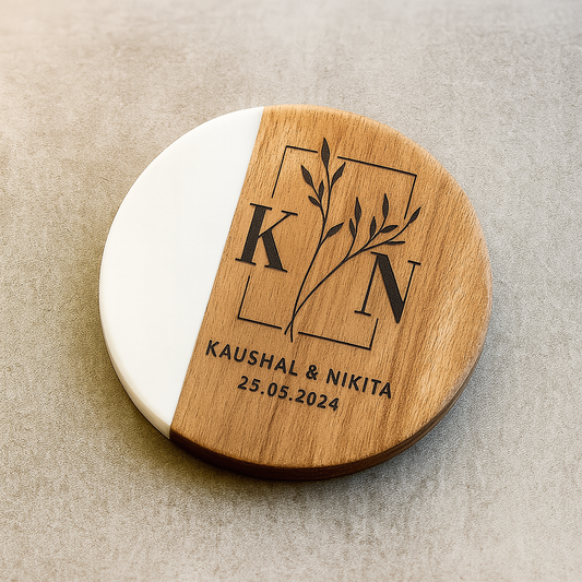 Personalized Round Marble & Wood Coaster – Custom Initials & Design Gift