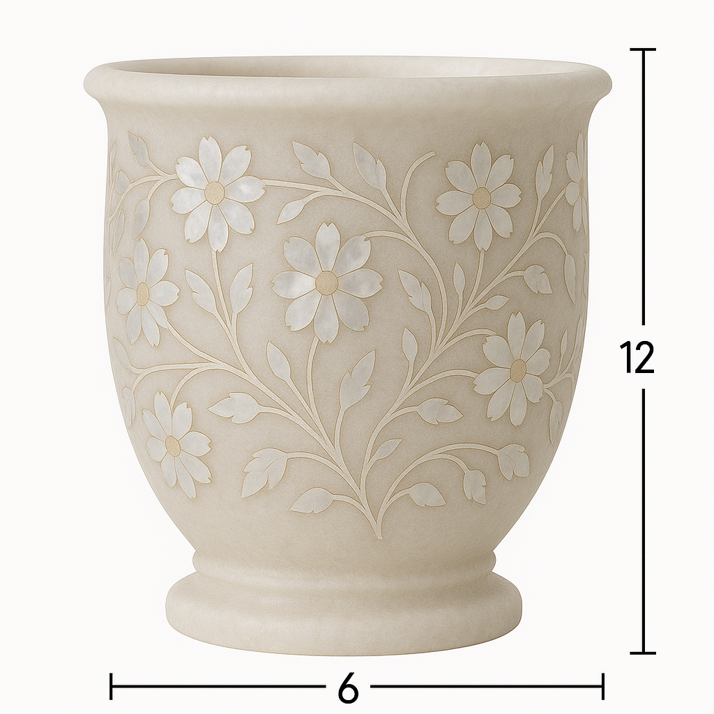 White Marble Flower Pot with Mother of Pearl Inlay – Handcrafted Decorative Vase