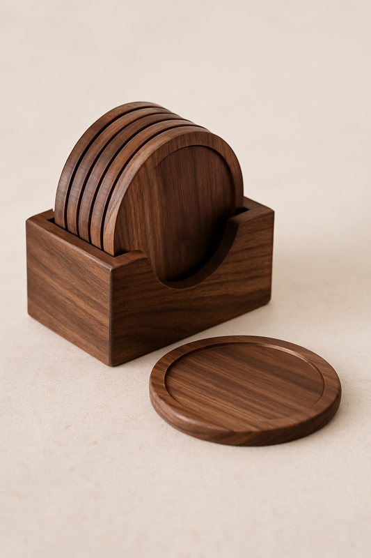 Handmade Wooden Coaster Set with Holder – Premium Walnut Finish | ShilpAkriti Decor
