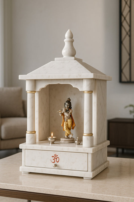 Luxurious Handcrafted White Marble Temple for Home – Compact & Elegant