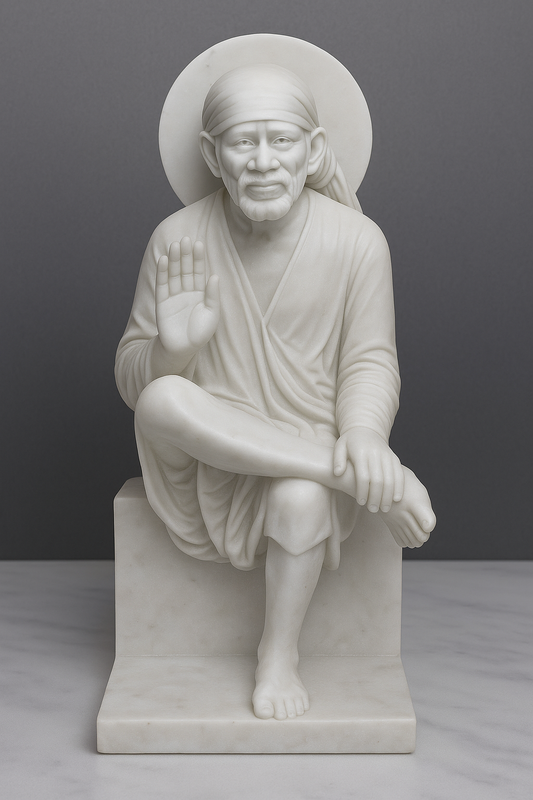Handcrafted White Makrana Marble Sai Baba Statue for Home Temple | Spiritual Decor | Meditation Altar | Indian God Sculpture