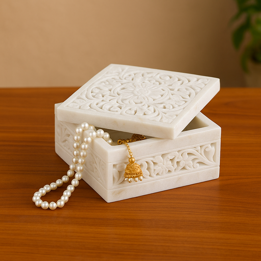 Pure White Italian Marble Jewelry Box with Intricate Hand Carving – Elegant Keepsake Organizer