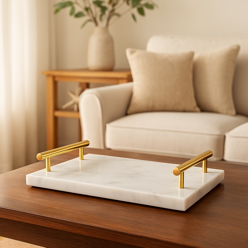 Elegant White Marble Tray with Gold Handles – Luxury Coffee Table & Serving Decor Tray