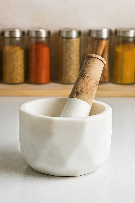 Hexagonal Marble Mortar and Pestle Set - Modern Kitchen Essential