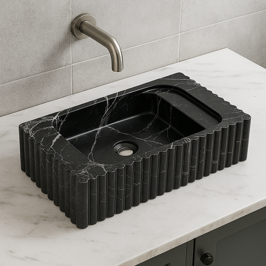 Luxury Black Marquina Marble Rectangular Wash Basin – 24"x14"x6", Fluted Design, Handcrafted Stone Sink