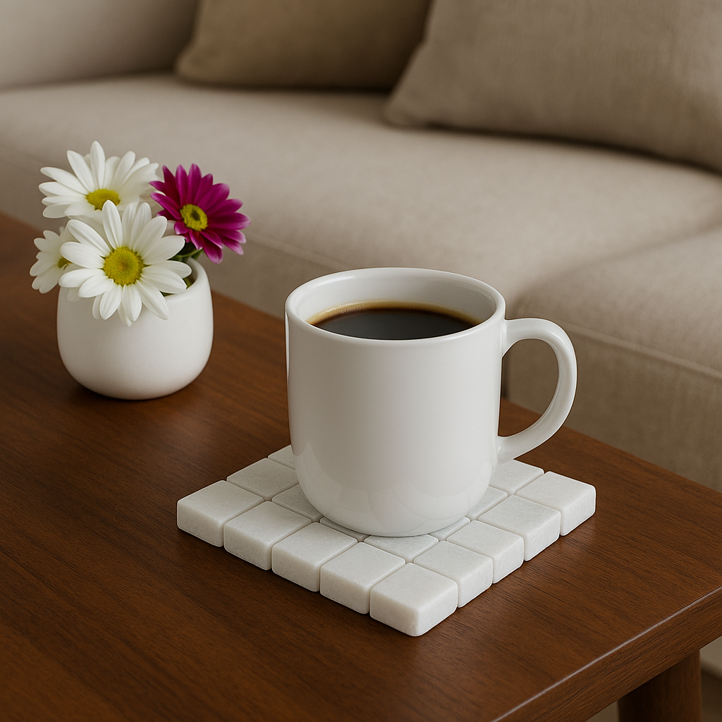 Premium White Marble Mosaic Coaster – Handcrafted Stone Drink Mat for Home & Office Use
