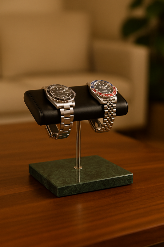 Green Marble Watch Stand – Dual Luxury Watch Holder with Leather Cushion | Elegant Men's Gift