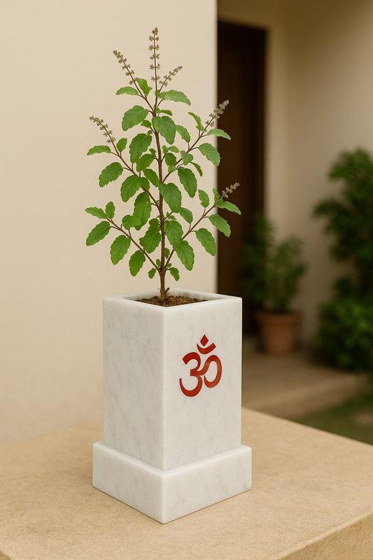 White Marble Tulsi Pot with Red Om Engraving – Handcrafted for Home Temple & Balcony