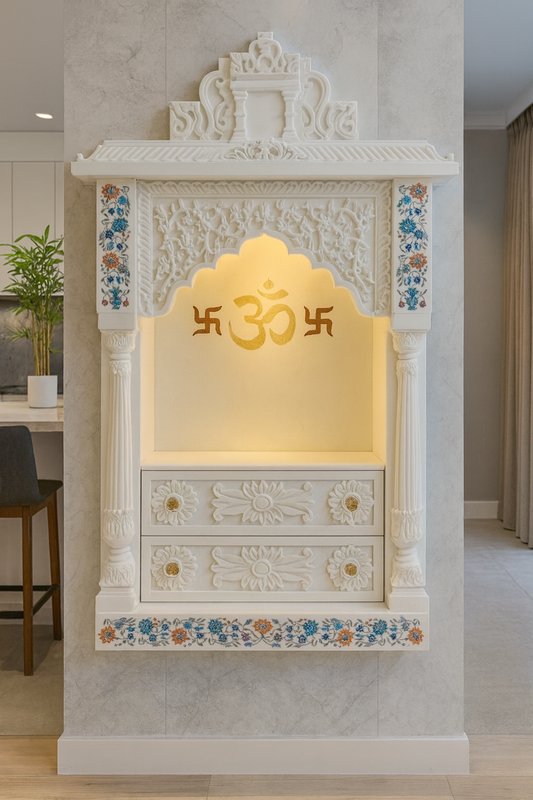 Handcrafted White Marble Wall-Mounted Temple with Floral Inlay & Drawers – 24 x 12 x 36 inches