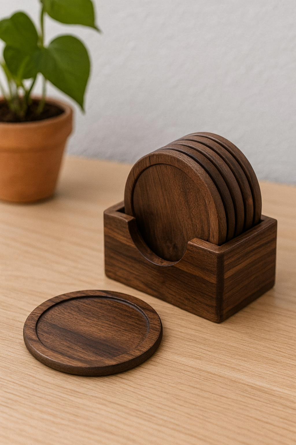 Handmade Wooden Coaster Set with Holder – Premium Walnut Finish | ShilpAkriti Decor