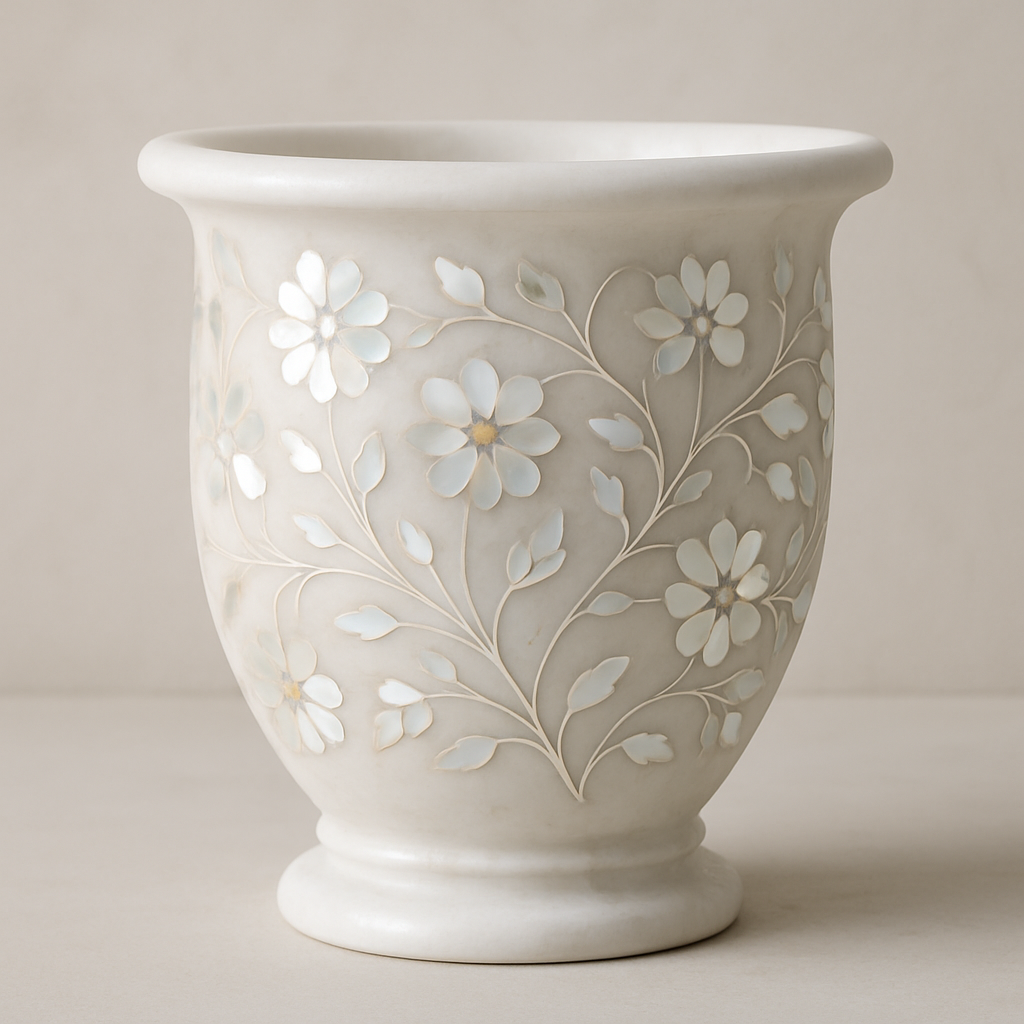 White Marble Flower Pot with Mother of Pearl Inlay – Handcrafted Decorative Vase