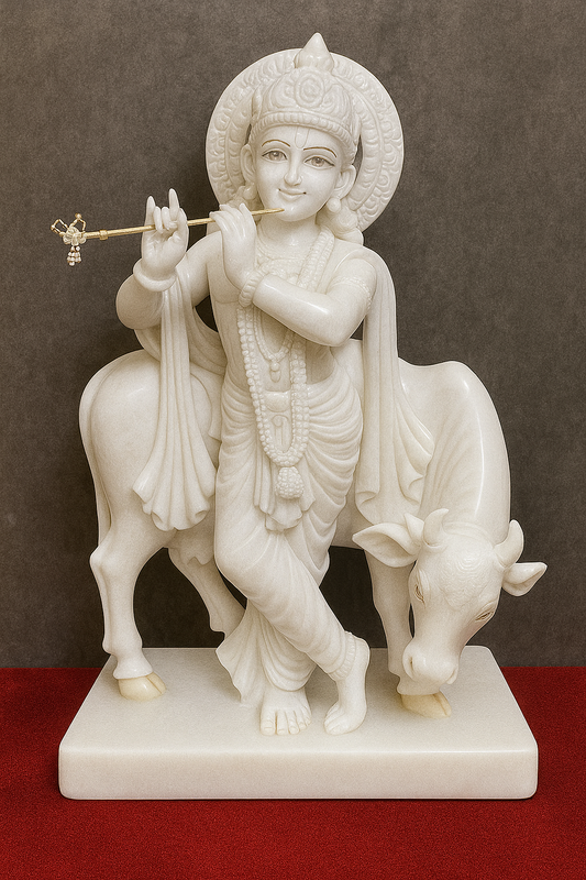 Handcrafted White Makrana Marble Krishna with Cow Statue — 11" Spiritual Home Decor | Indian God Sculpture | Meditation & Blessings