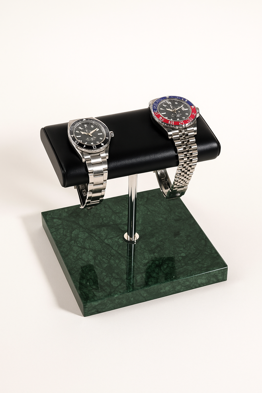 Green Marble Watch Stand – Dual Luxury Watch Holder with Leather Cushion | Elegant Men's Gift