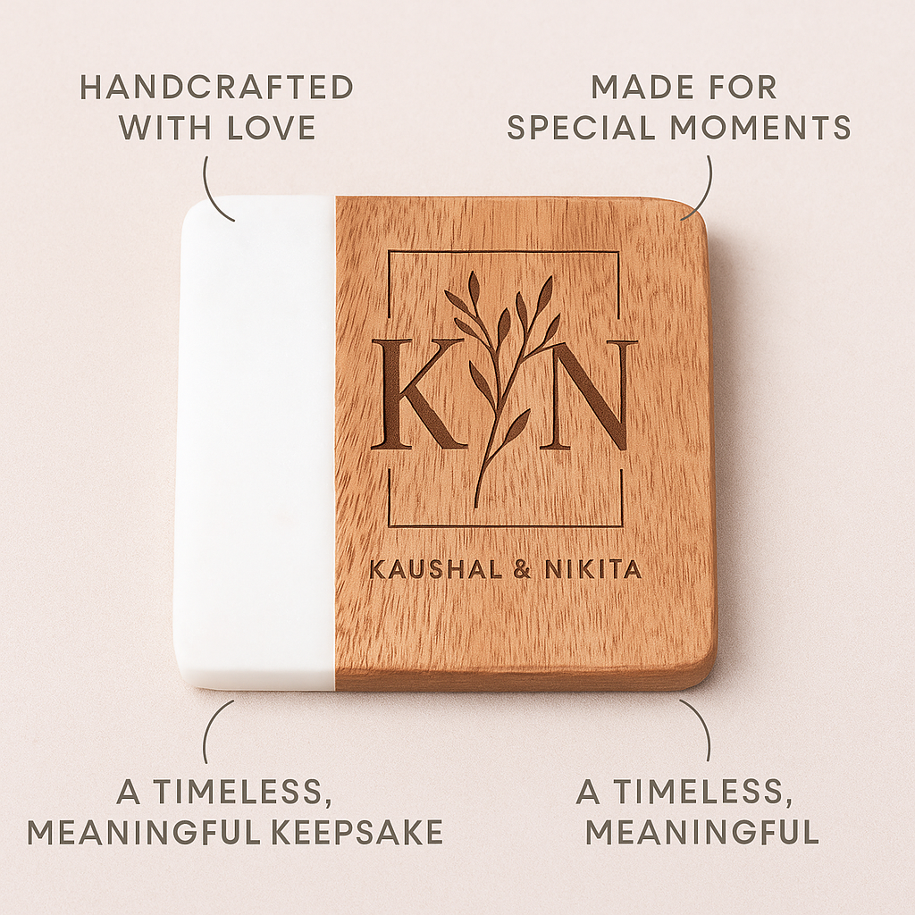 Custom Marble & Wood Wedding Coaster – Personalized Initials & Design