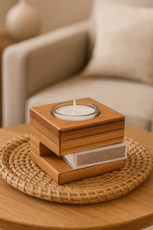 Handmade Wooden Tealight Candle Holder with Matchbox Slot – ShilpAkriti Decor